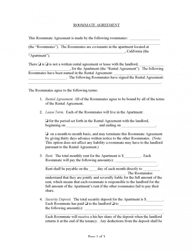 Free California Roommate Agreement Template | PDF | WORD | RTF