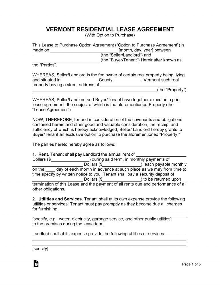 Free Vermont Lease Agreement Templates (6) | PDF | WORD | RTF