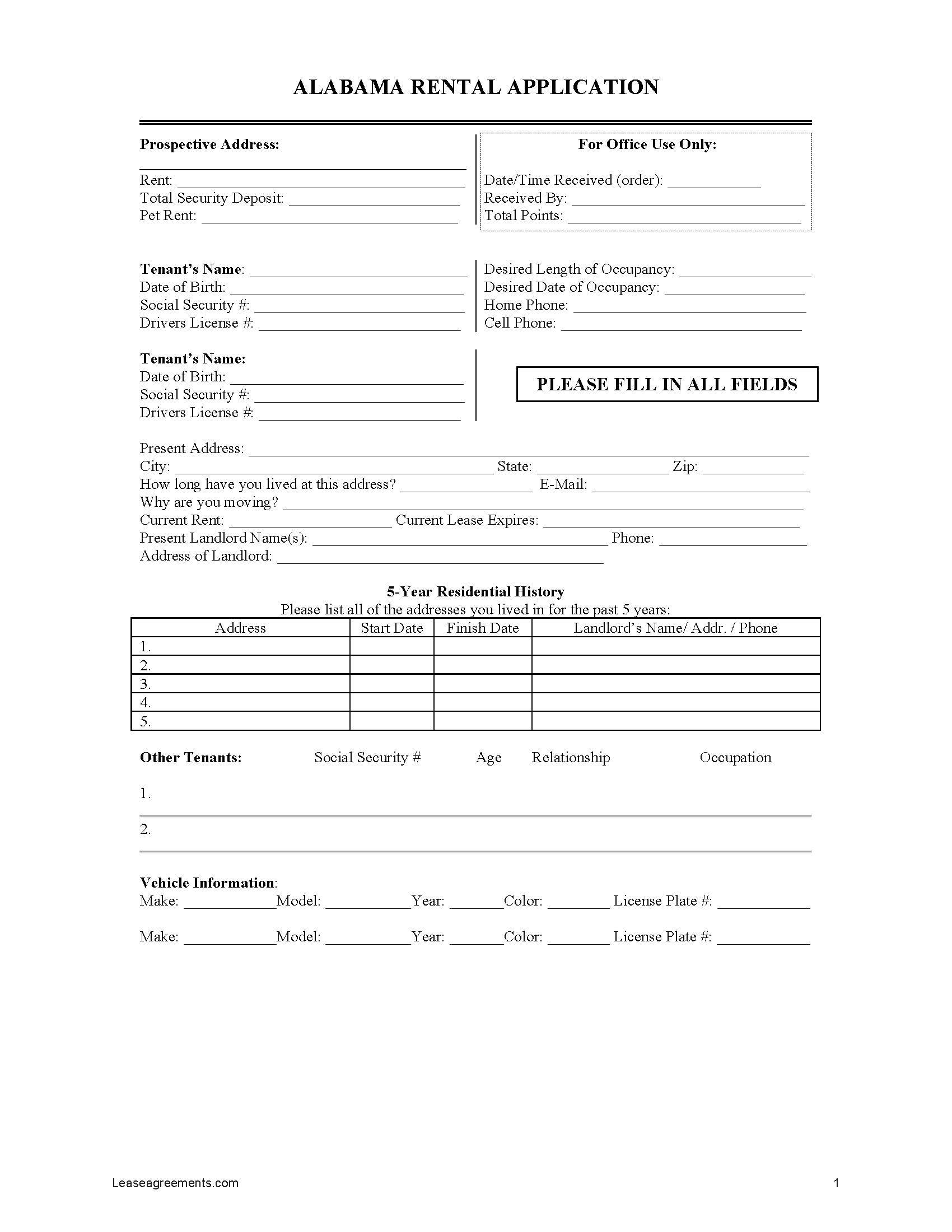 Free Alabama Rental Application Form Pdf 6467