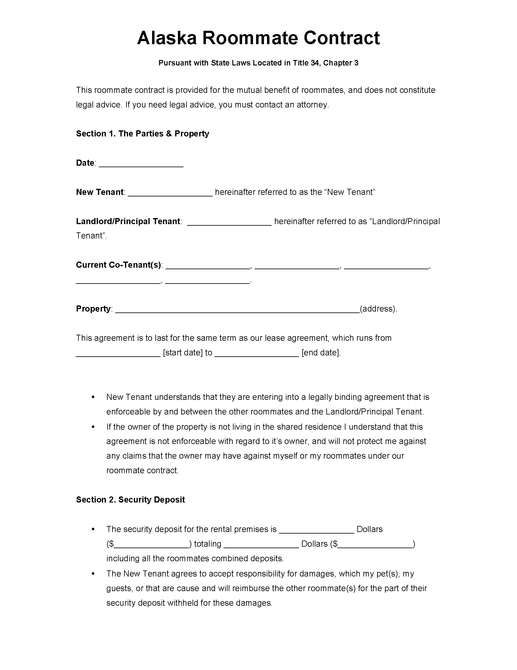 Free Alaska Roommate Agreement Template | PDF | WORD | RTF