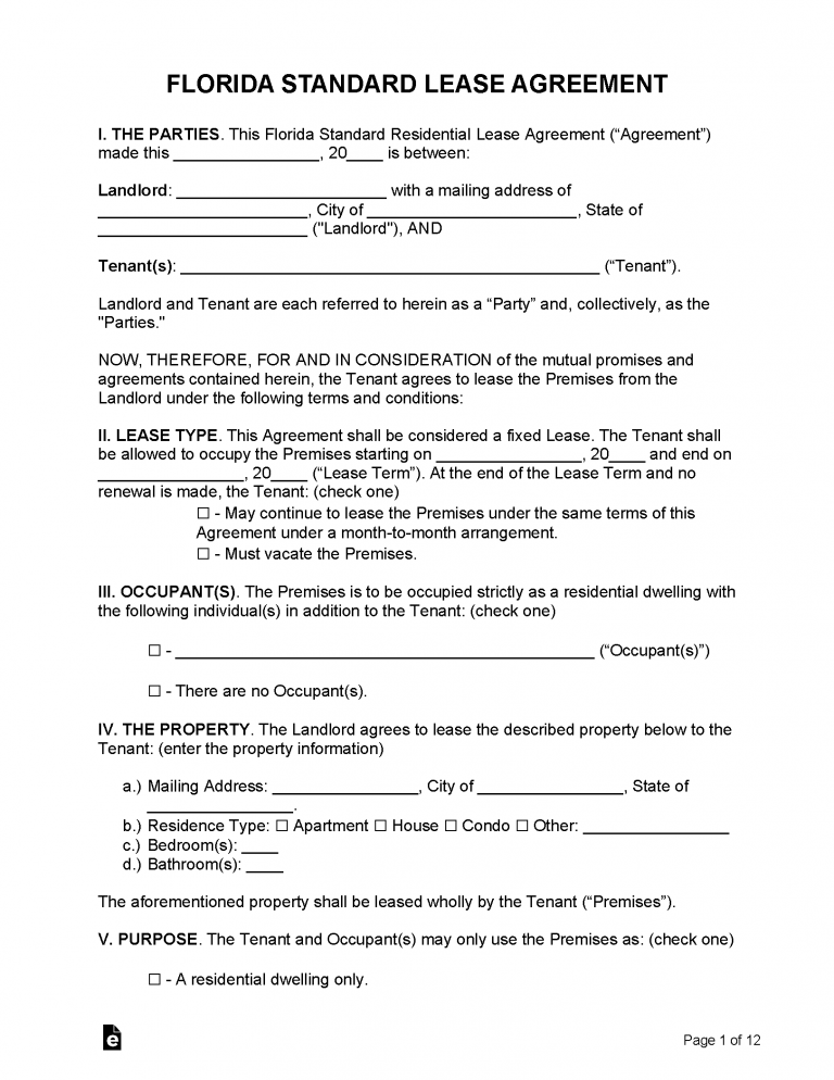 Free Florida Standard Residential Lease Agreement PDF WORD RTF