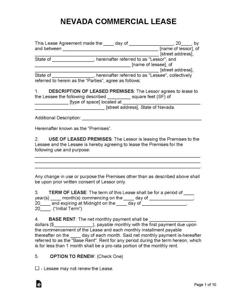 Free Nevada Commercial Lease Agreement Template PDF WORD RTF