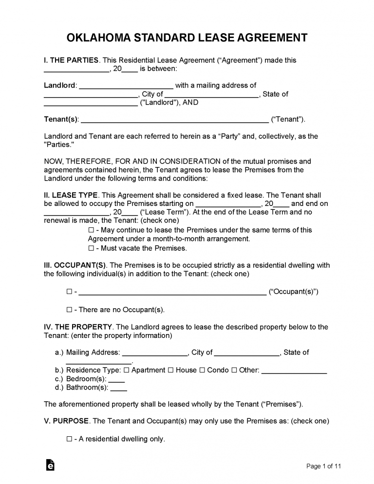 Free Oklahoma Standard Residential Lease Agreement Pdf Word Rtf 5809