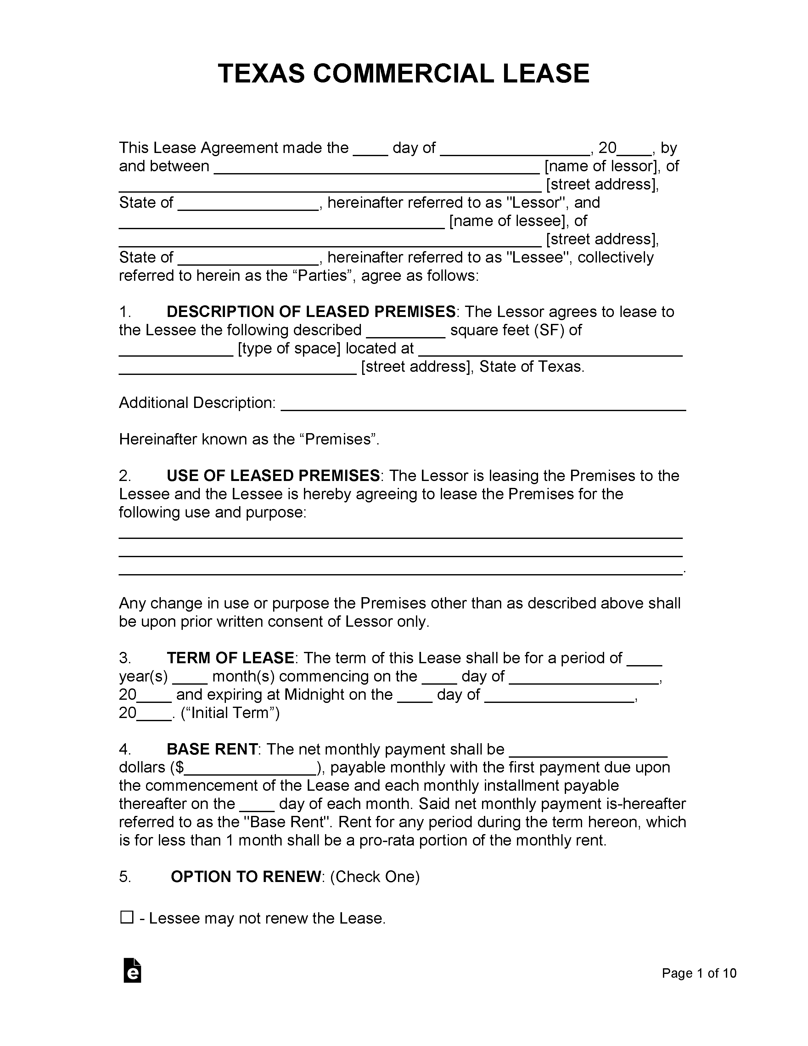 Free Texas Commercial Lease Agreement Template PDF WORD RTF