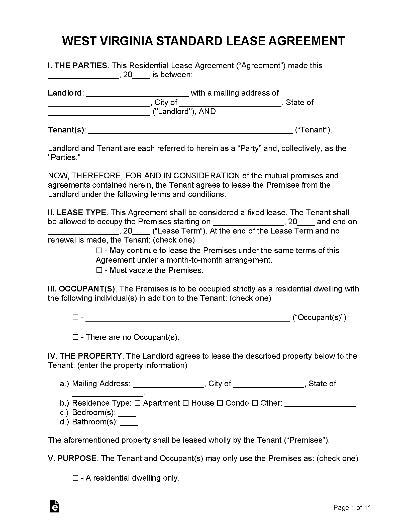 Free West Virginia Lease Agreement Templates (6) PDF WORD RTF