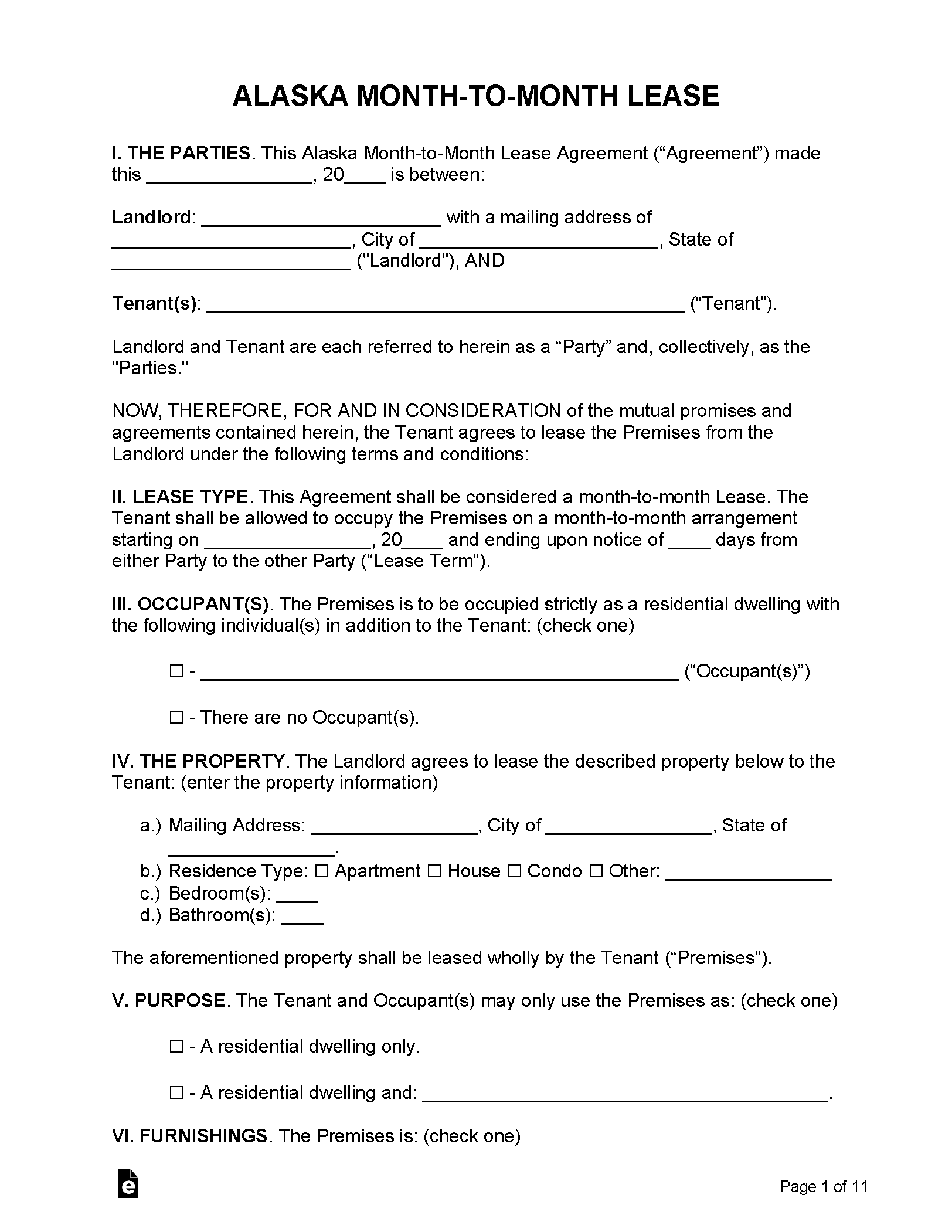 Free Alaska MonthtoMonth Rental Agreement PDF WORD RTF