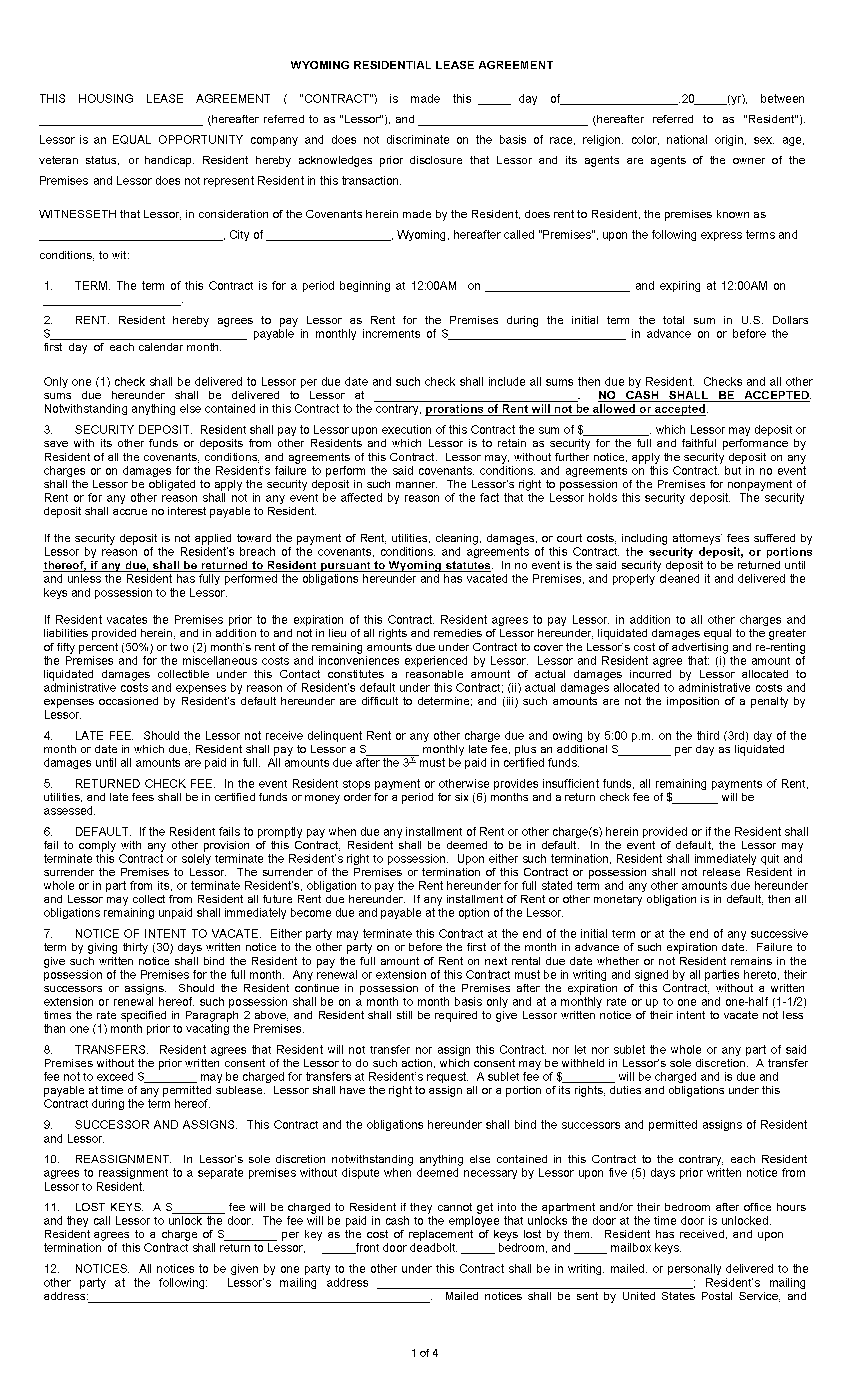 Free Wyoming Standard Residential Lease Agreement PDF WORD RTF