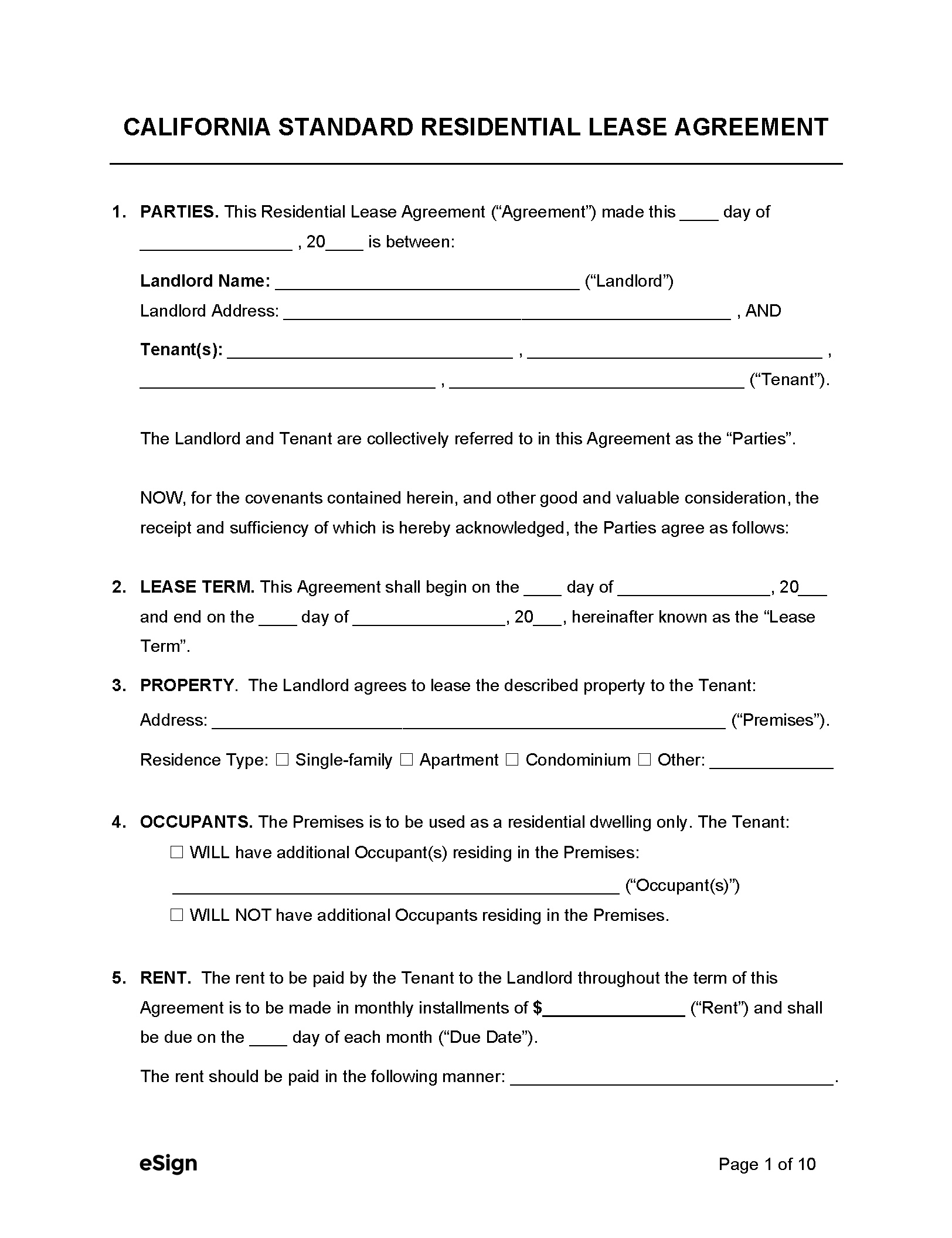 Free California Standard Residential Lease Agreement | PDF | WORD | RTF