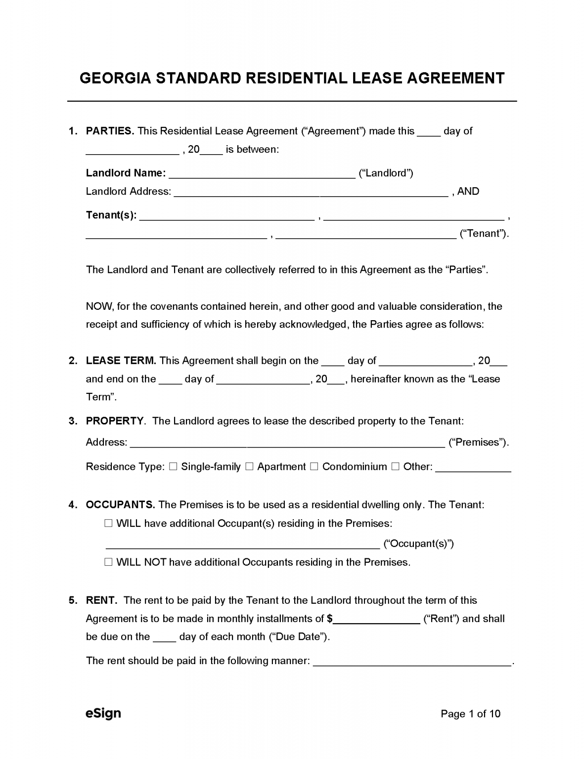 Free Georgia Standard Residential Lease Agreement | PDF | WORD | RTF