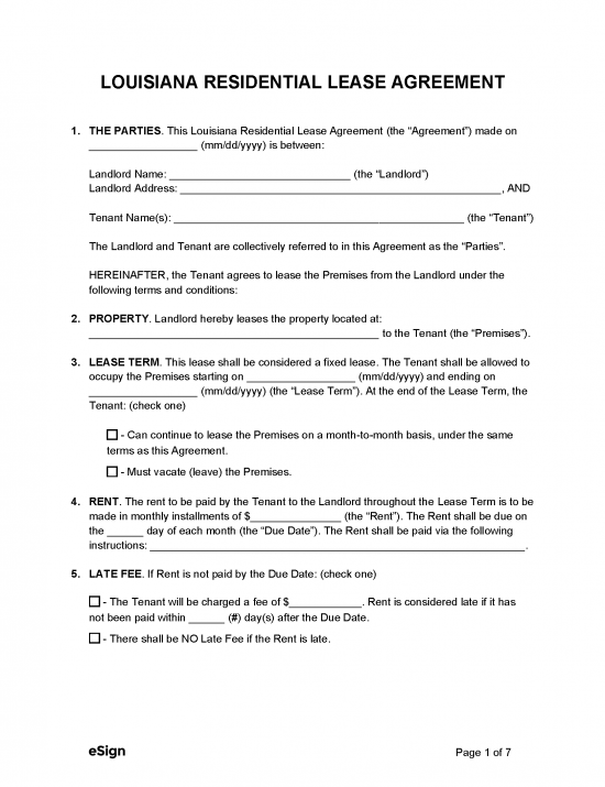 Free Louisiana Standard Residential Lease Agreement PDF WORD RTF