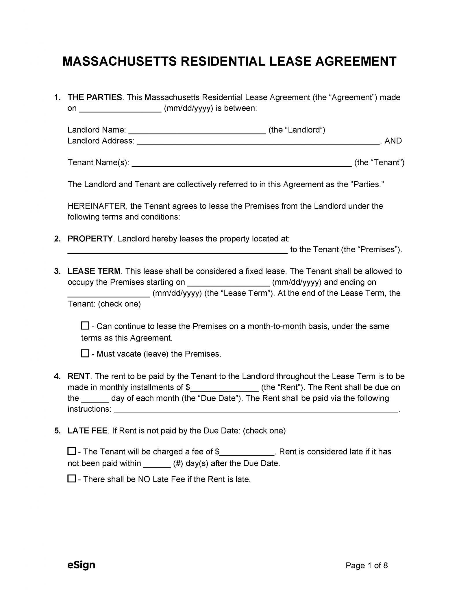 Free Massachusetts Standard Residential Lease Agreement PDF WORD RTF