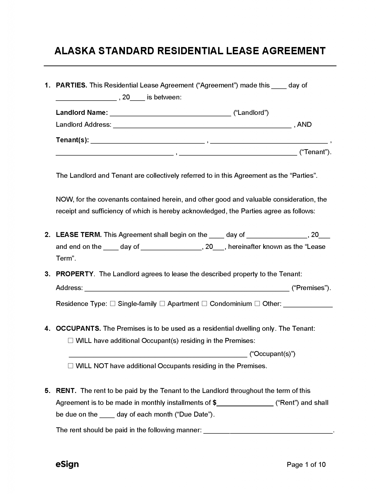 Free Alaska Standard Residential Lease Agreement PDF WORD RTF