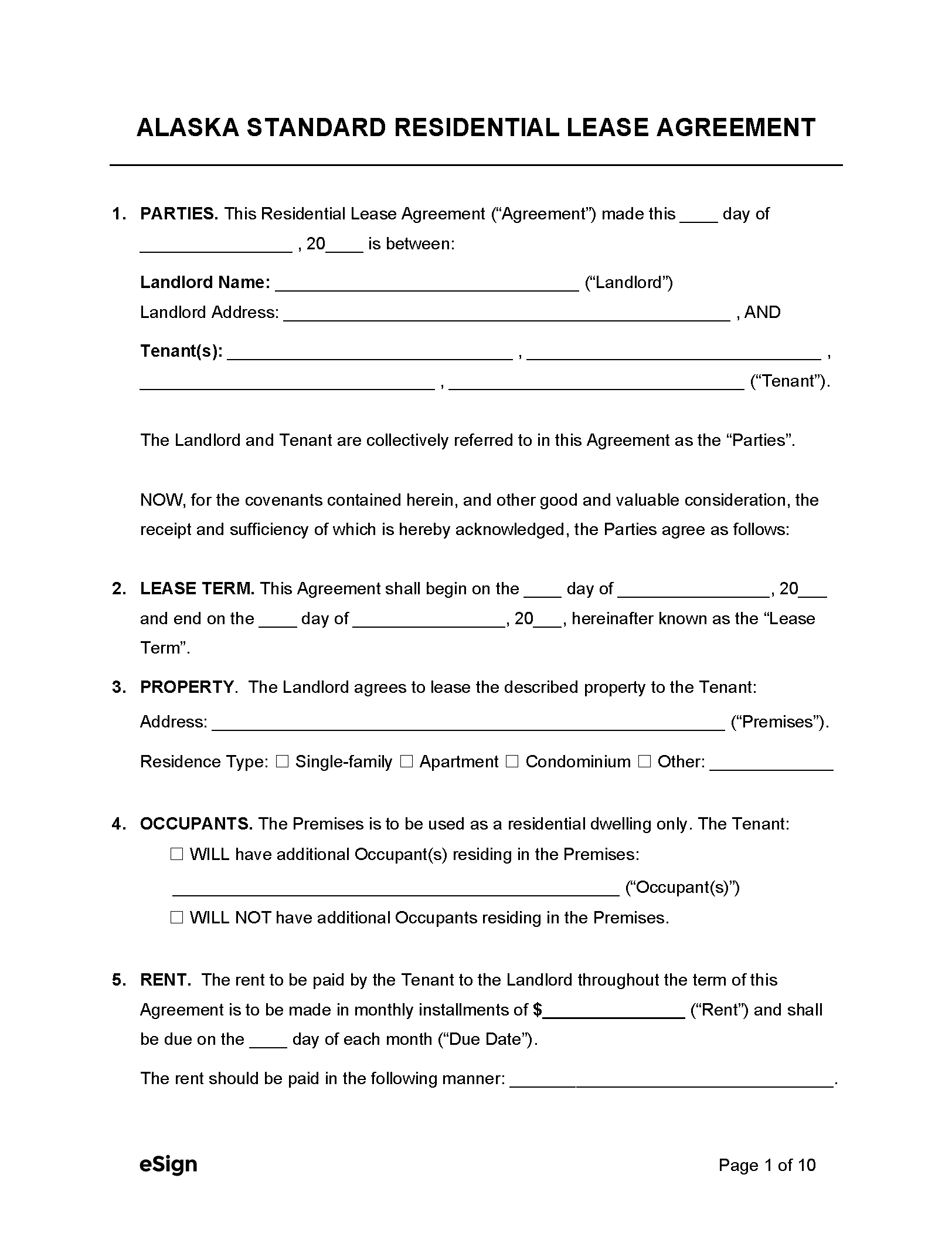 Free Alaska Standard Residential Lease Agreement PDF WORD RTF   ESign.com Alaska Standard Residential Lease Agreement 