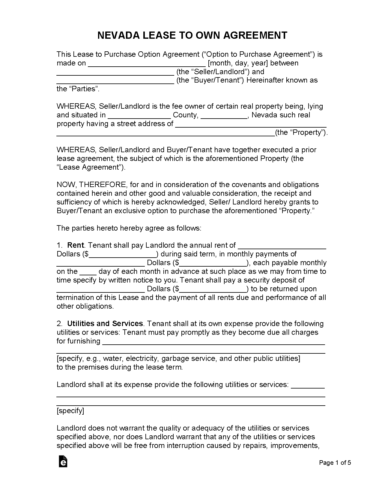 Free Nevada Lease Agreement Templates 6 PDF WORD RTF   Eforms Nevada Lease Agreement Option To Purchase Form Page 1 