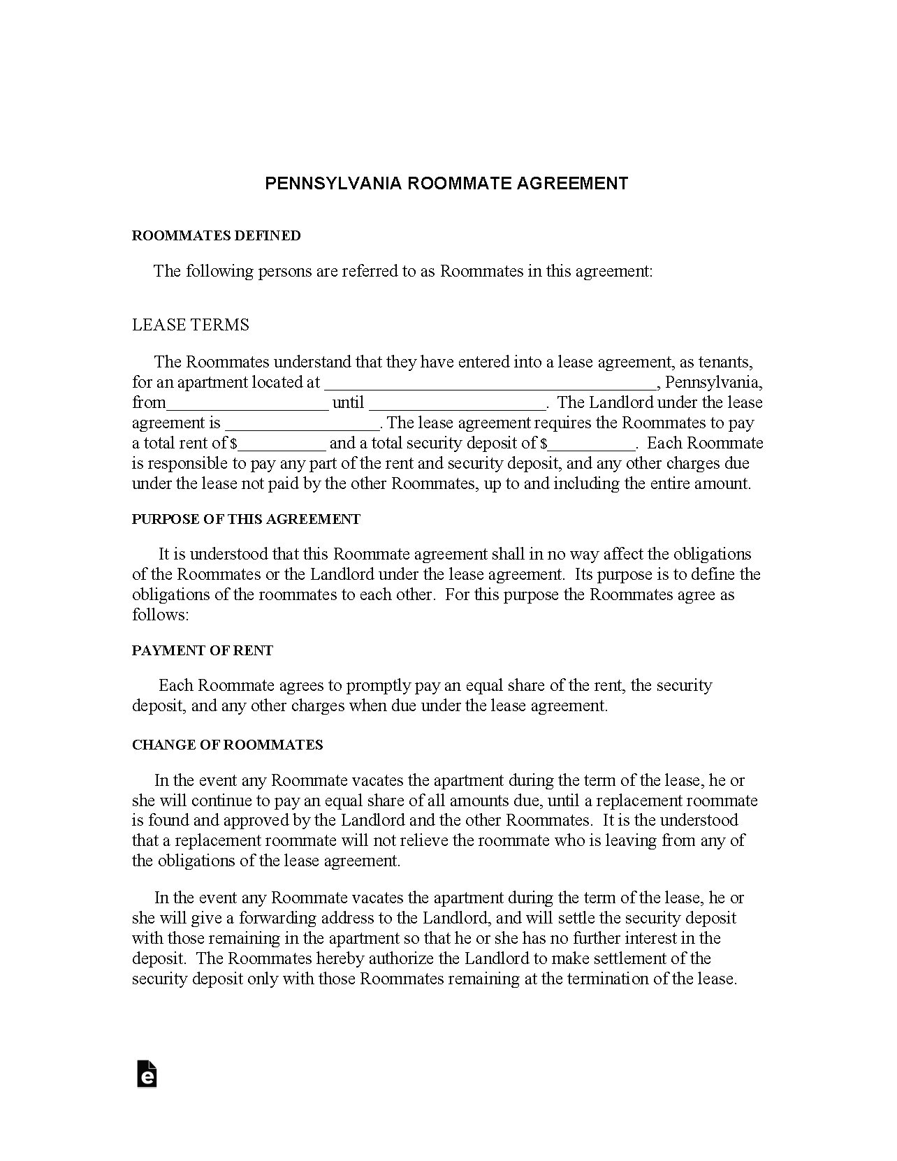 Free Pennsylvania Roommate Agreement Template | PDF