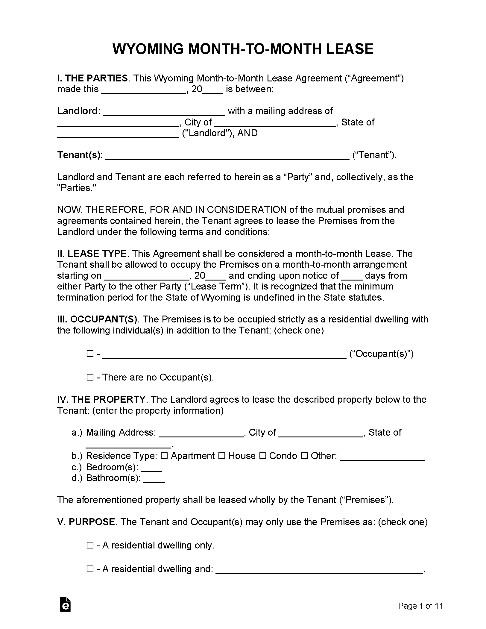 Free Wyoming MonthtoMonth Rental Agreement PDF WORD RTF