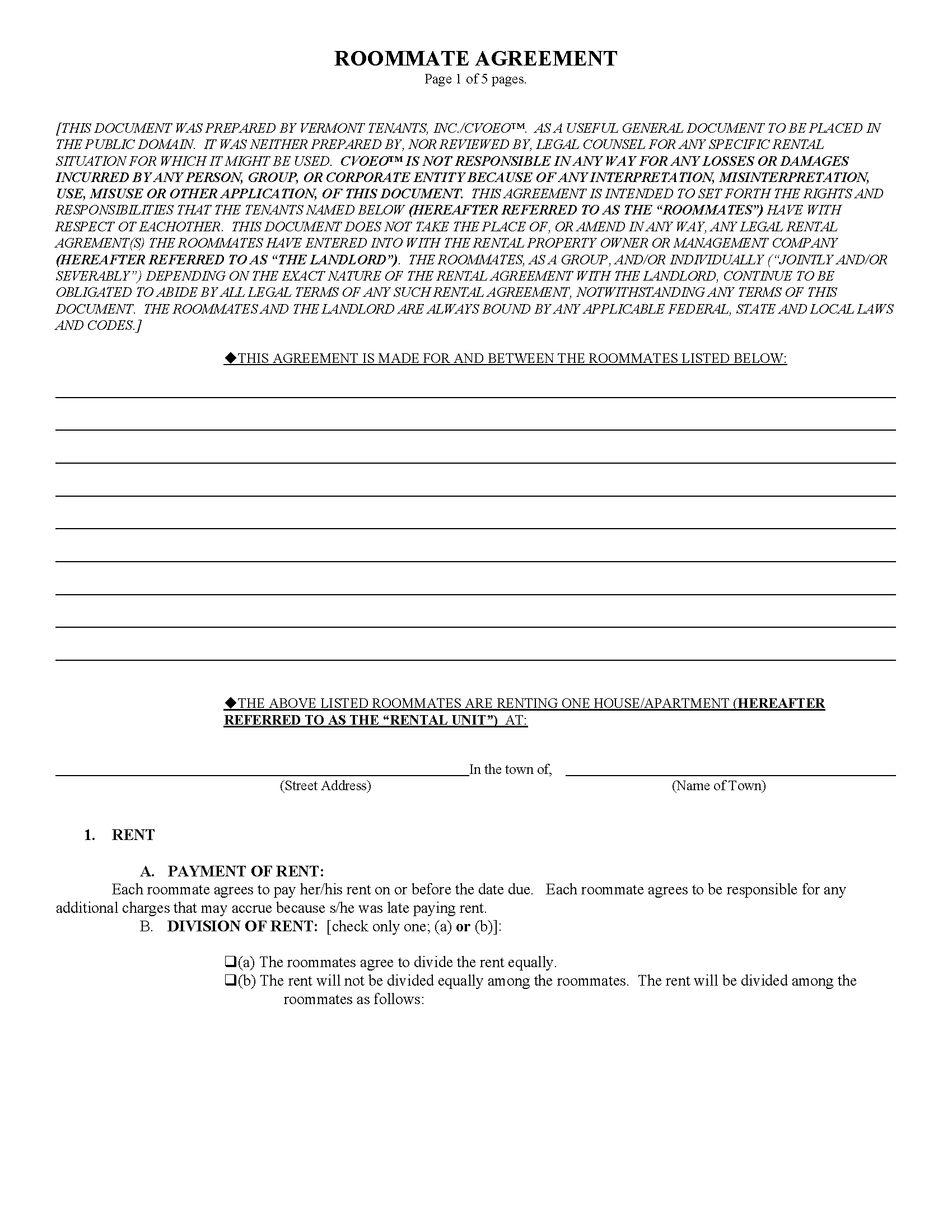 Free vermont roommate agreement template pdf