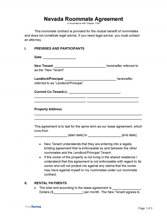 Free Nevada Lease Agreement Templates 6 PDF WORD RTF   Freeforms Nevada Roommate Agreement Page 1 550x712 