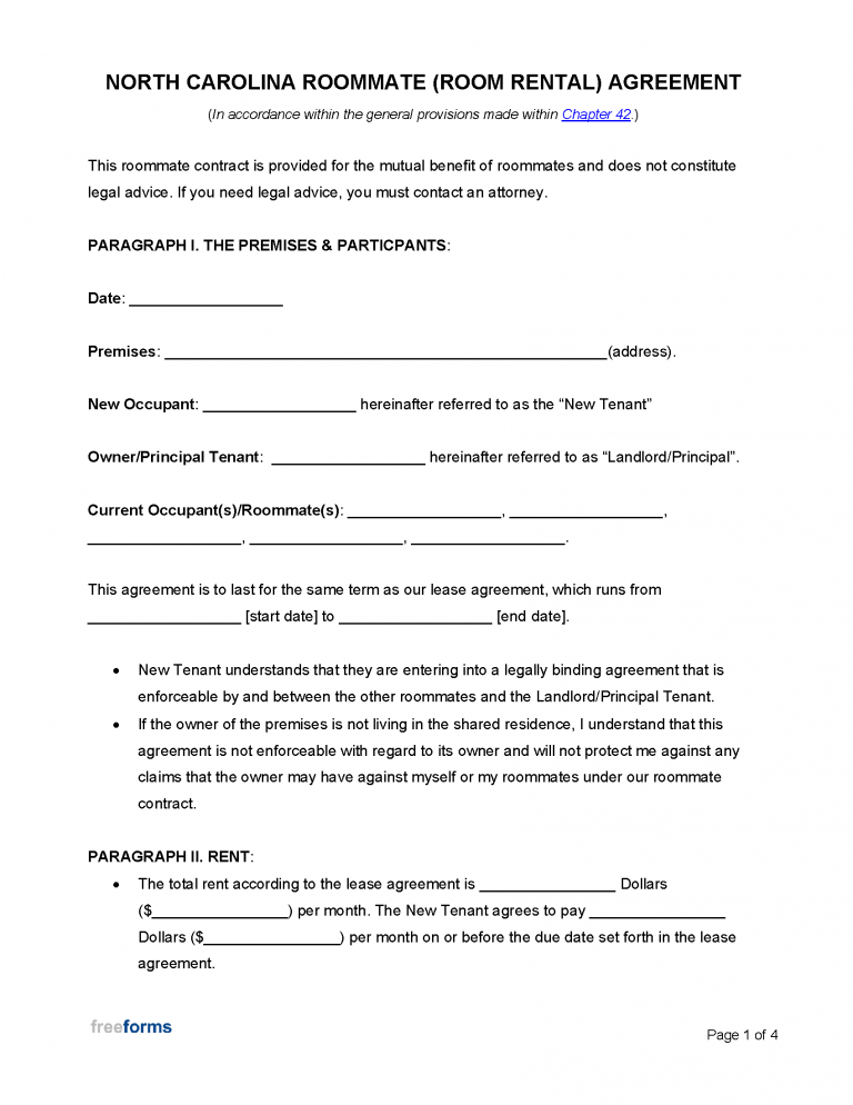 Free North Carolina Roommate Agreement Template PDF WORD RTF