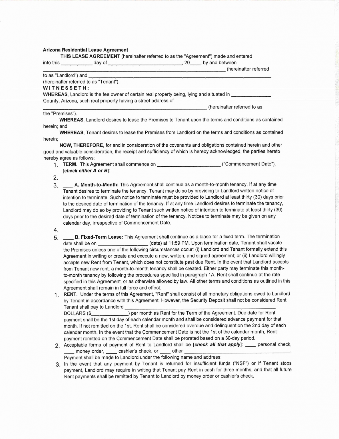 Free Arizona Standard Residential Lease Agreement PDF WORD RTF