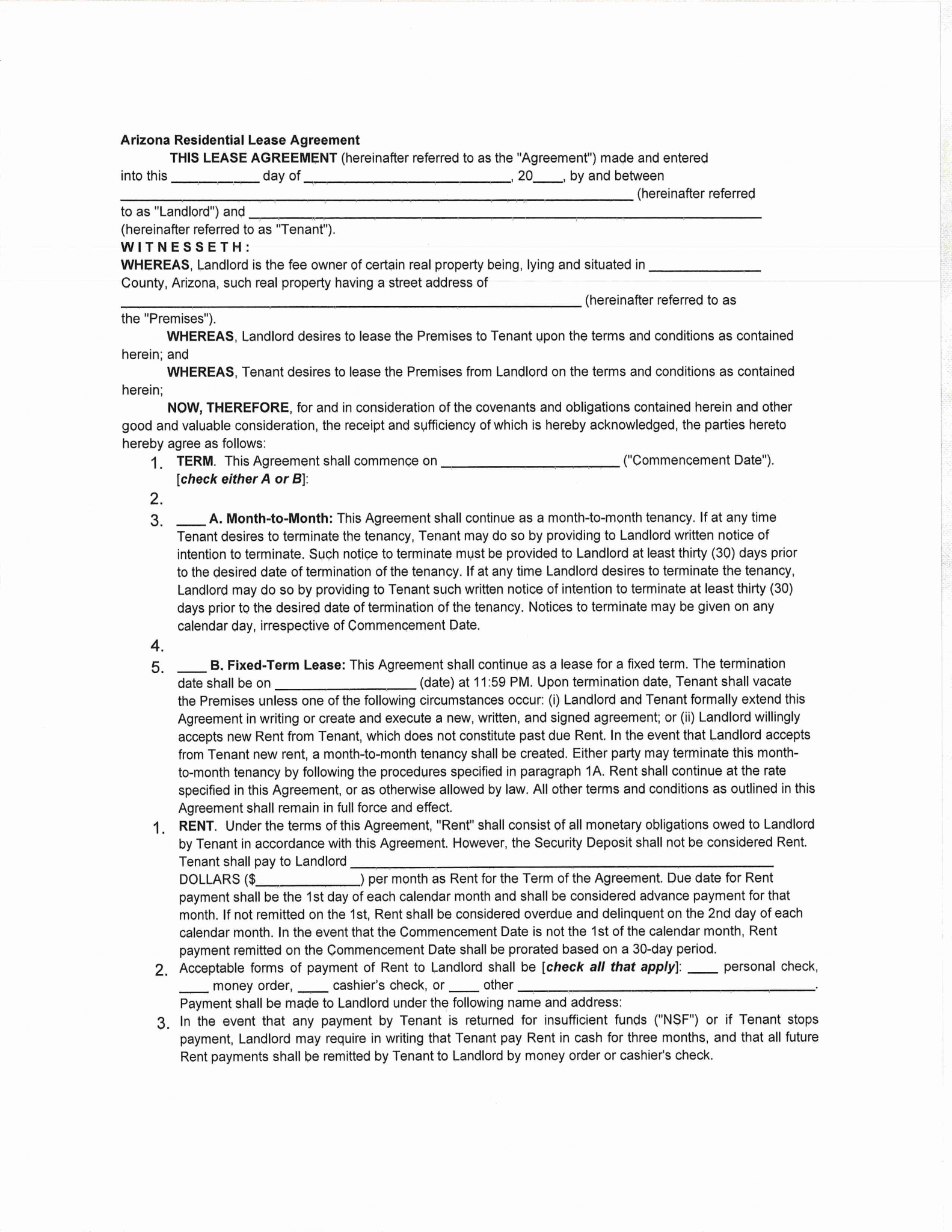 Free Arizona Standard Residential Lease Agreement | PDF | WORD | RTF