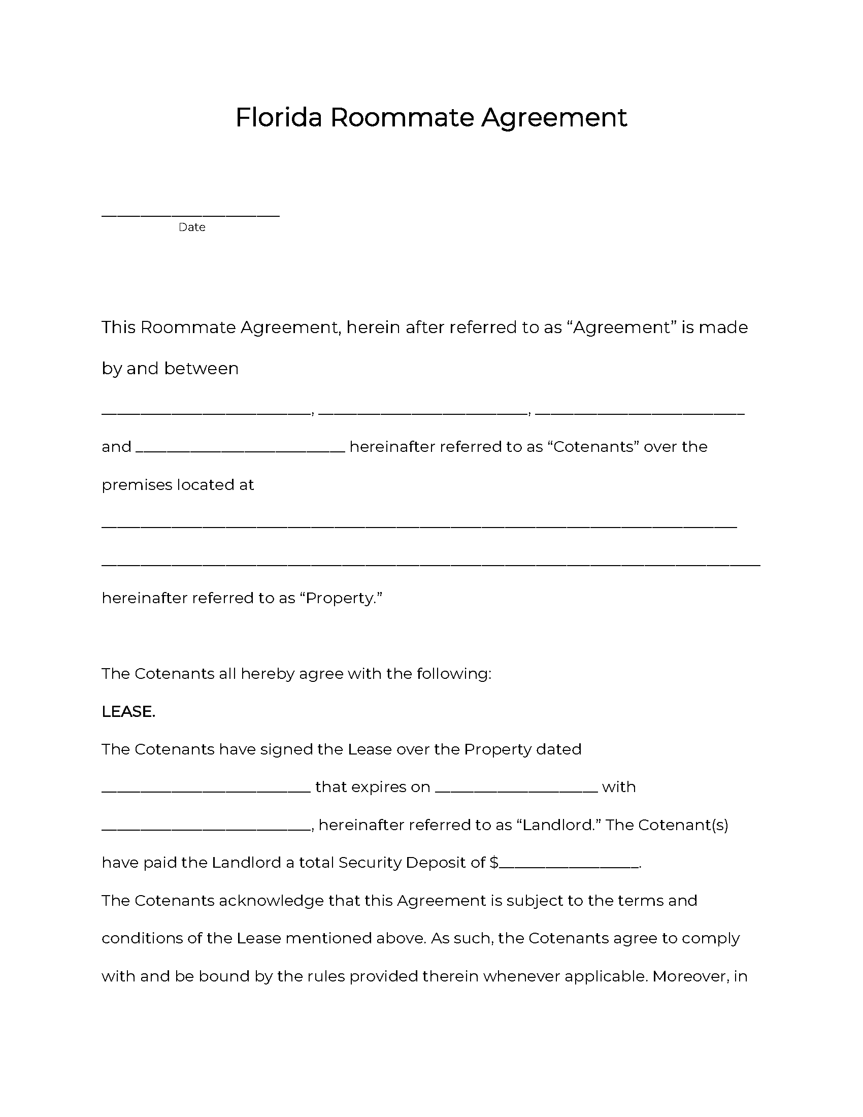Free Florida Roommate Agreement Template | PDF | WORD | RTF