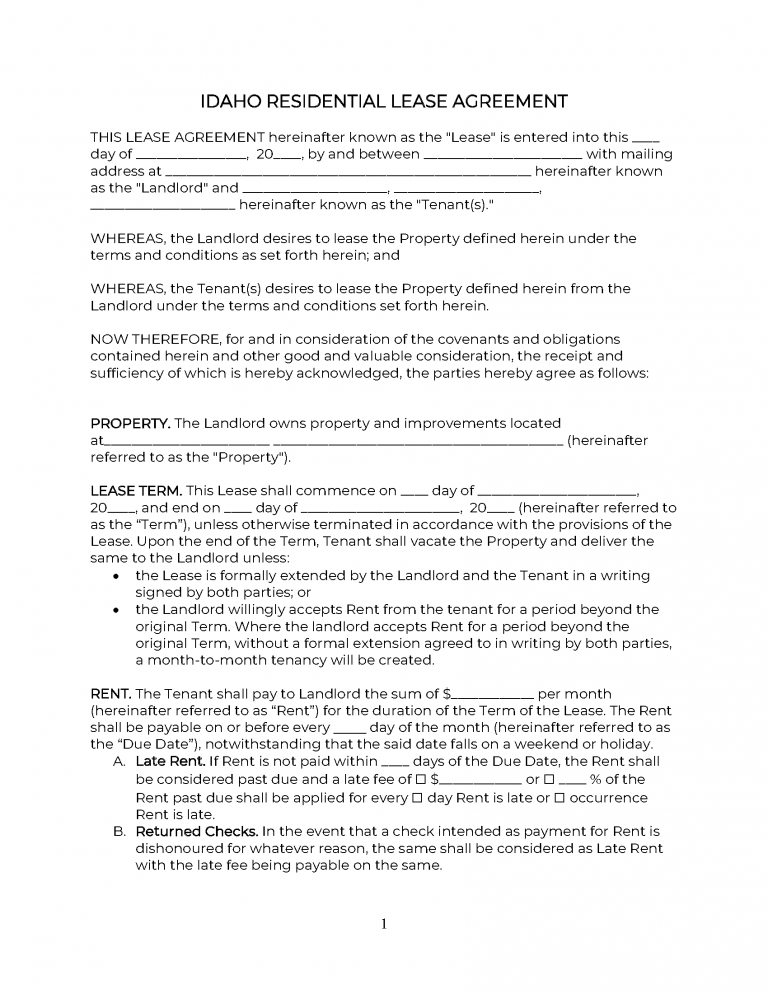 Free Idaho Standard Residential Lease Agreement | PDF | WORD | RTF