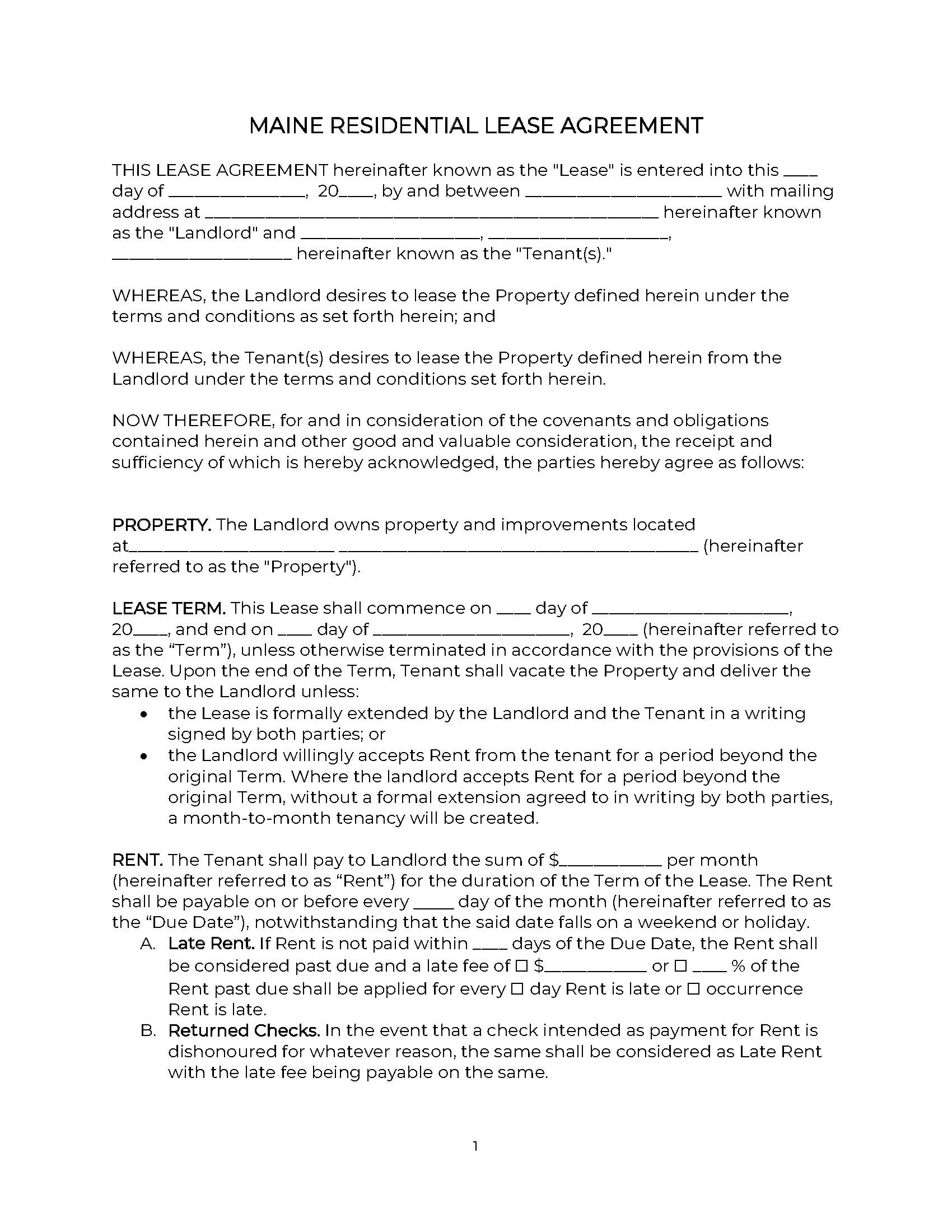 Free Maine Standard Residential Lease Agreement | PDF | WORD | RTF