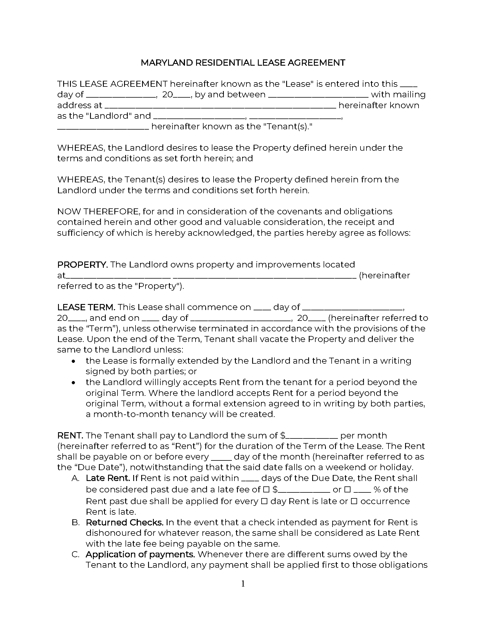 Free Maryland Standard Residential Lease Agreement PDF WORD RTF