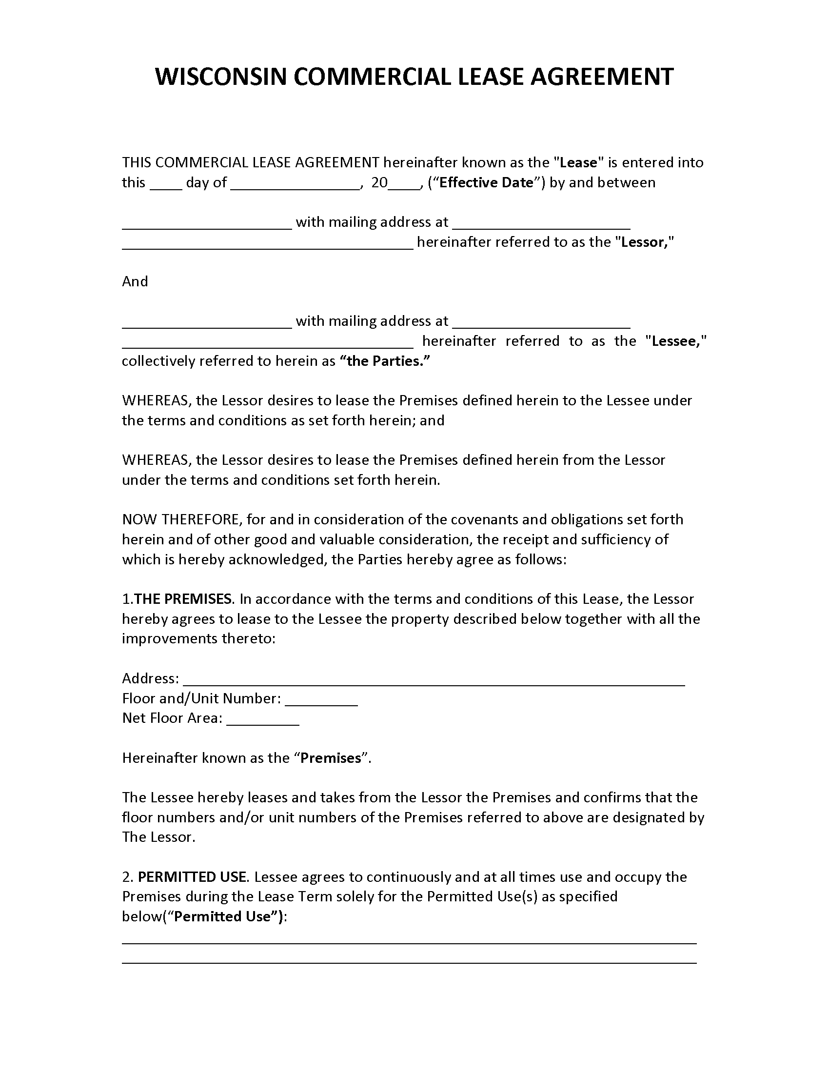 Free Wisconsin Commercial Lease Agreement Template PDF WORD RTF