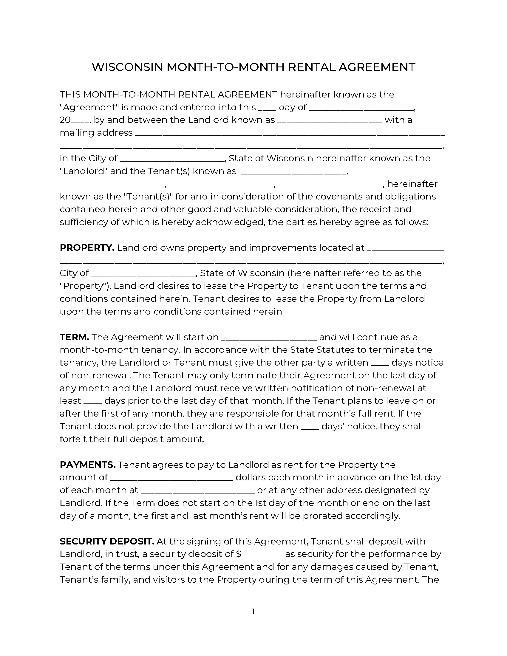 Free Wisconsin MonthtoMonth Rental Agreement PDF WORD RTF