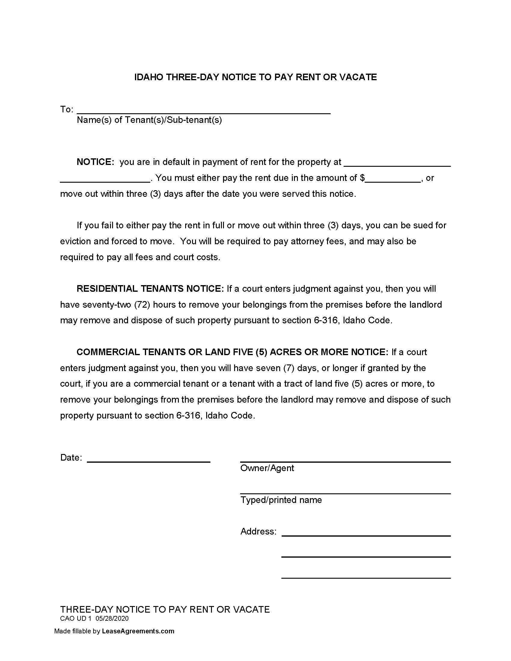 Free Idaho Lease Agreement Templates (6) | PDF | WORD | RTF