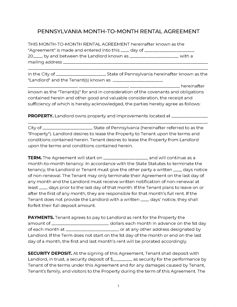 Free Pennsylvania MonthtoMonth Rental Agreement PDF WORD RTF
