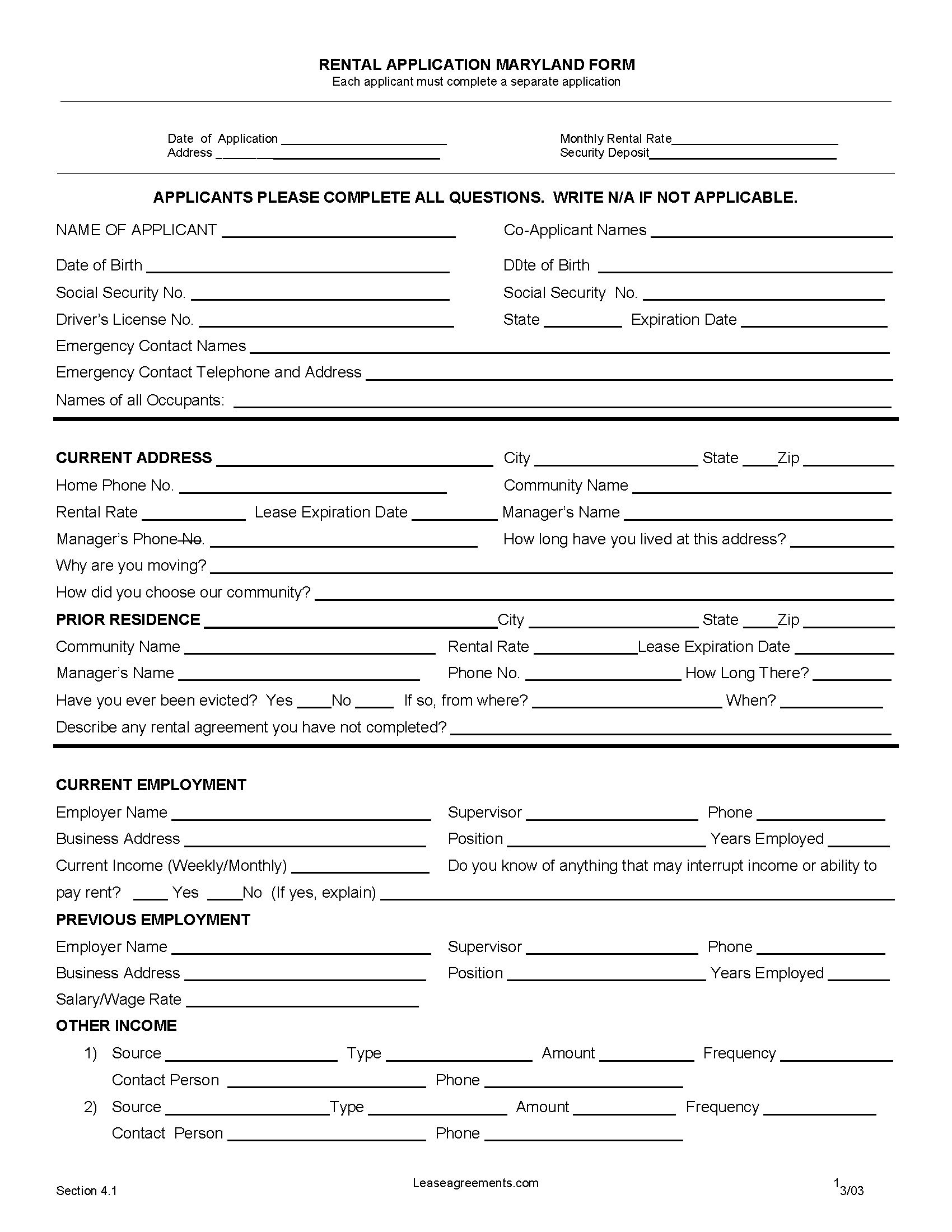 Free Maryland Rental Application Form | PDF