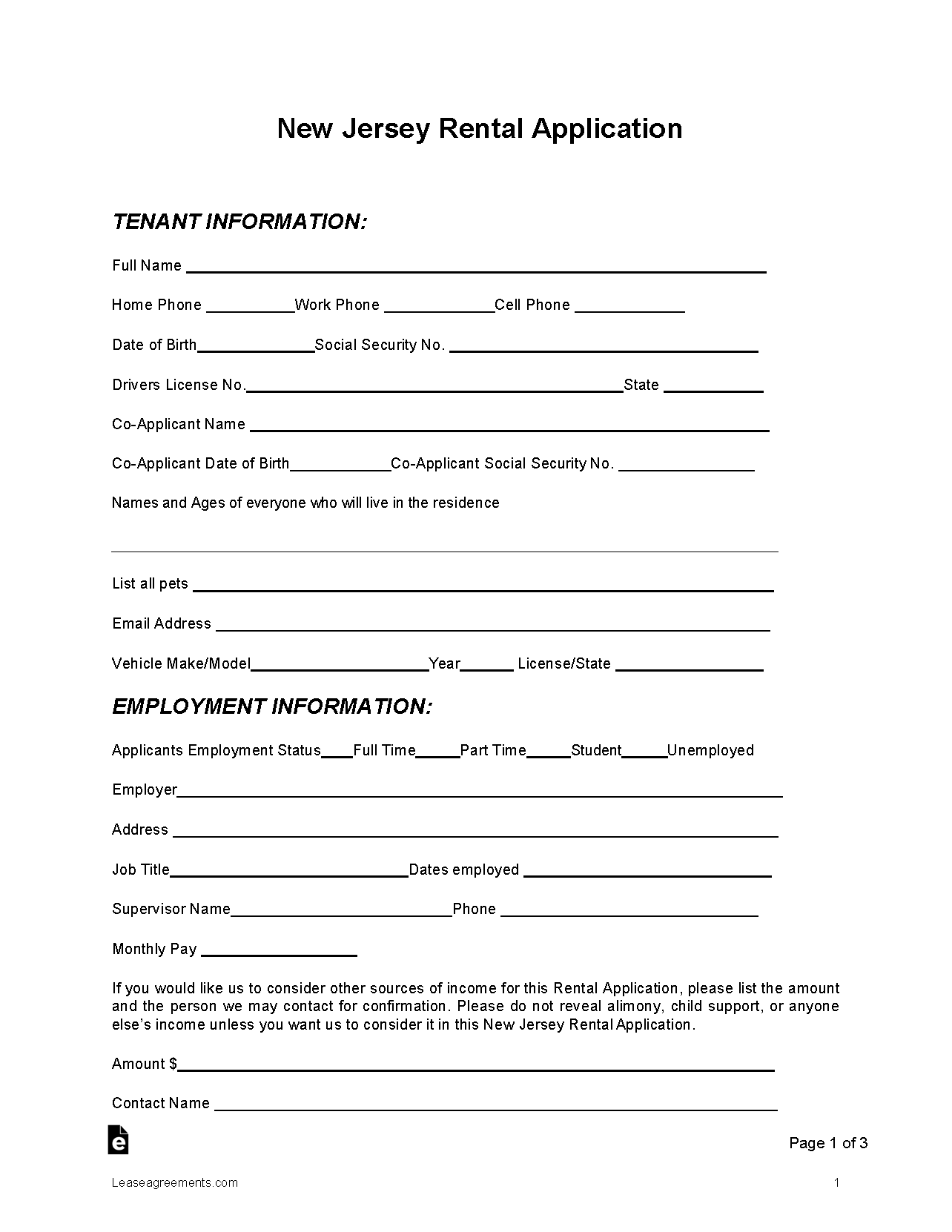 Free New Jersey Rental Application Form Pdf Word 2021 4329