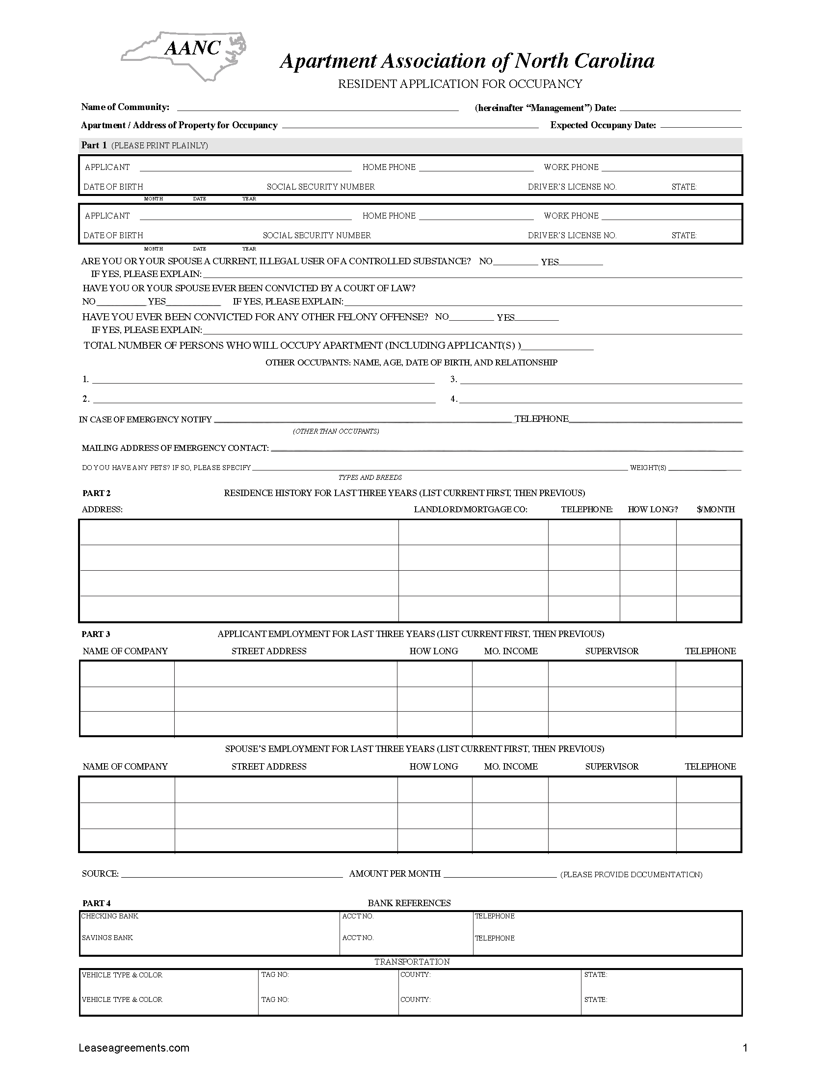 Free North Carolina Rental Application Form 