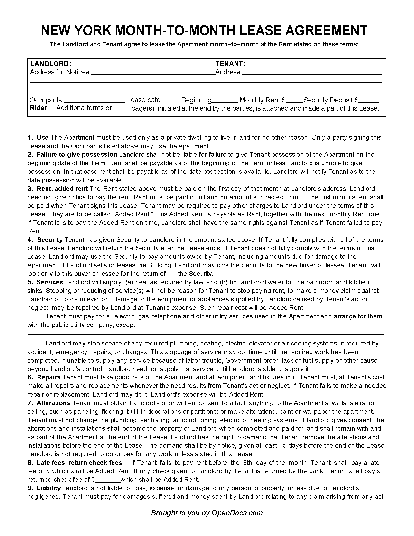 Free New York Month-to-Month Rental Agreement | PDF | WORD | RTF