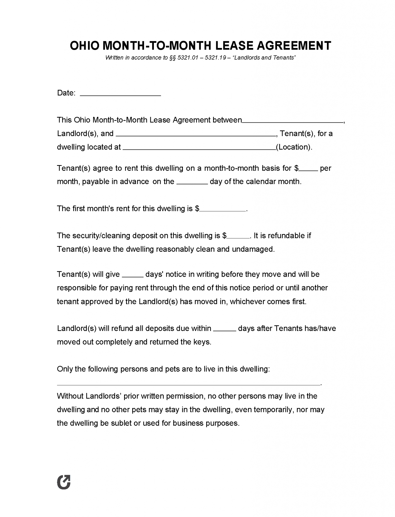 Free Ohio MonthtoMonth Rental Agreement PDF WORD RTF