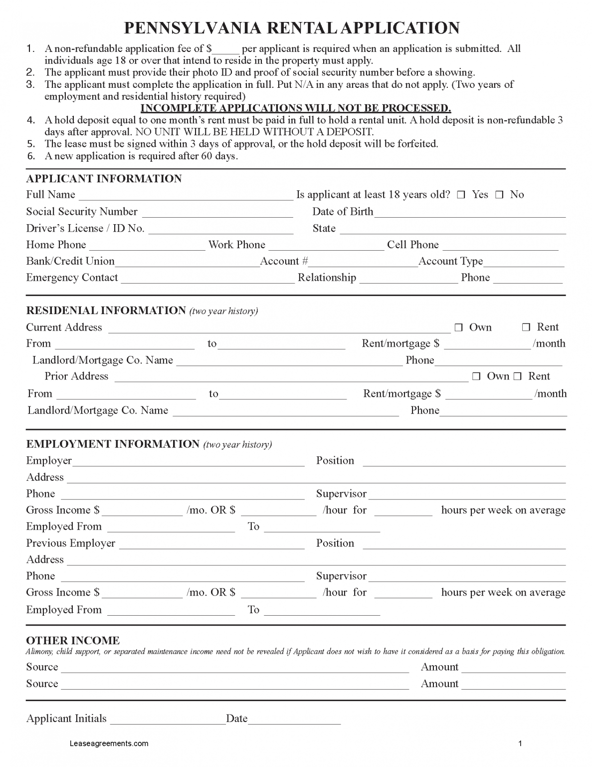 Free Pennsylvania Rental Application Form PDF