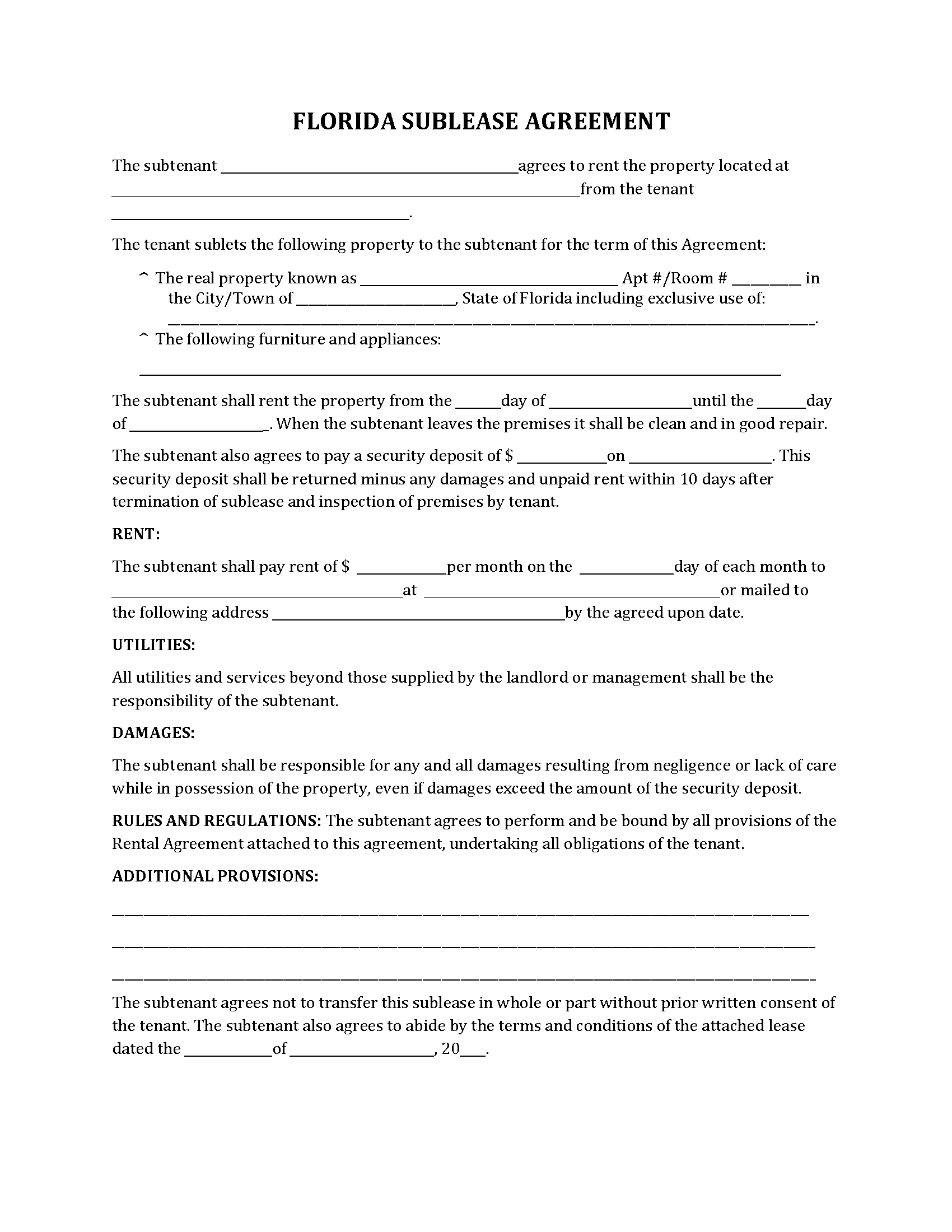 Free Florida Sublease Agreement Template | PDF | WORD | RTF