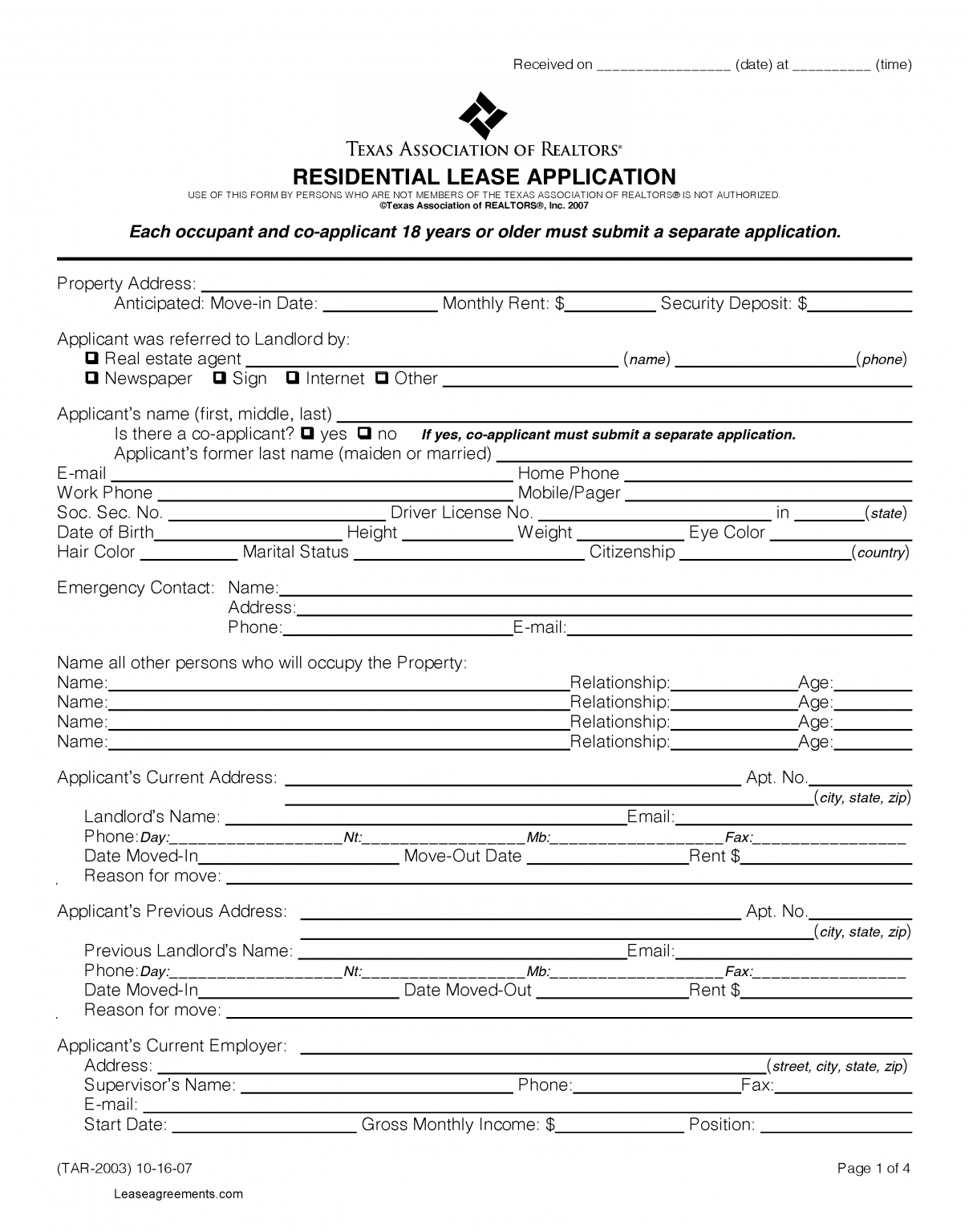 Texas Rental Application Form Pdf