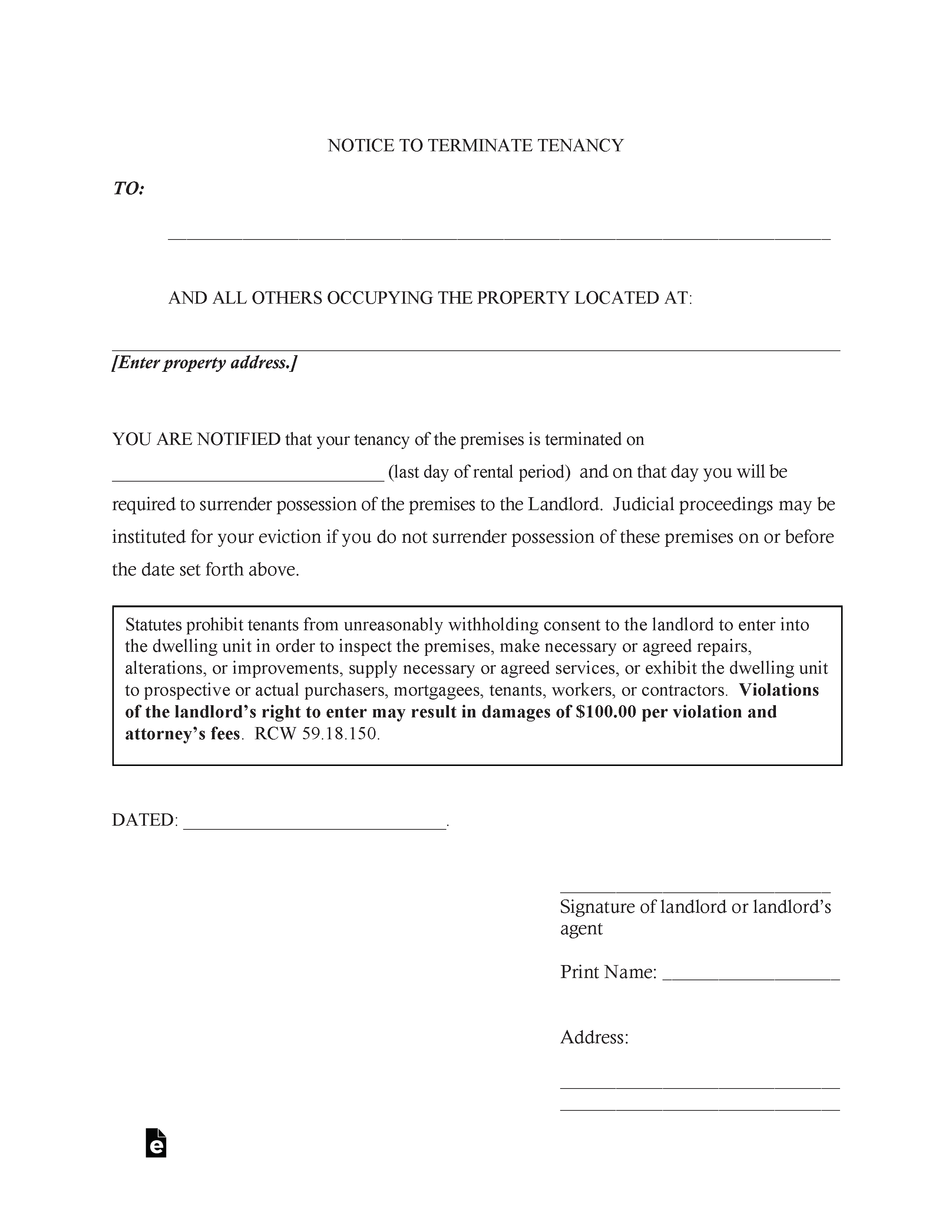 Free Washington MonthtoMonth Lease Termination Letter PDF WORD RTF