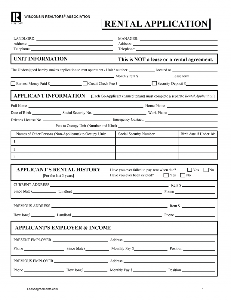 Free Wisconsin Rental Application Form PDF